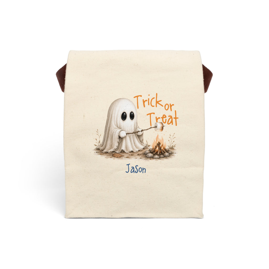 Personalized Trick or Treat ghost roasting marshmallow canvas lunch bag with custom name
