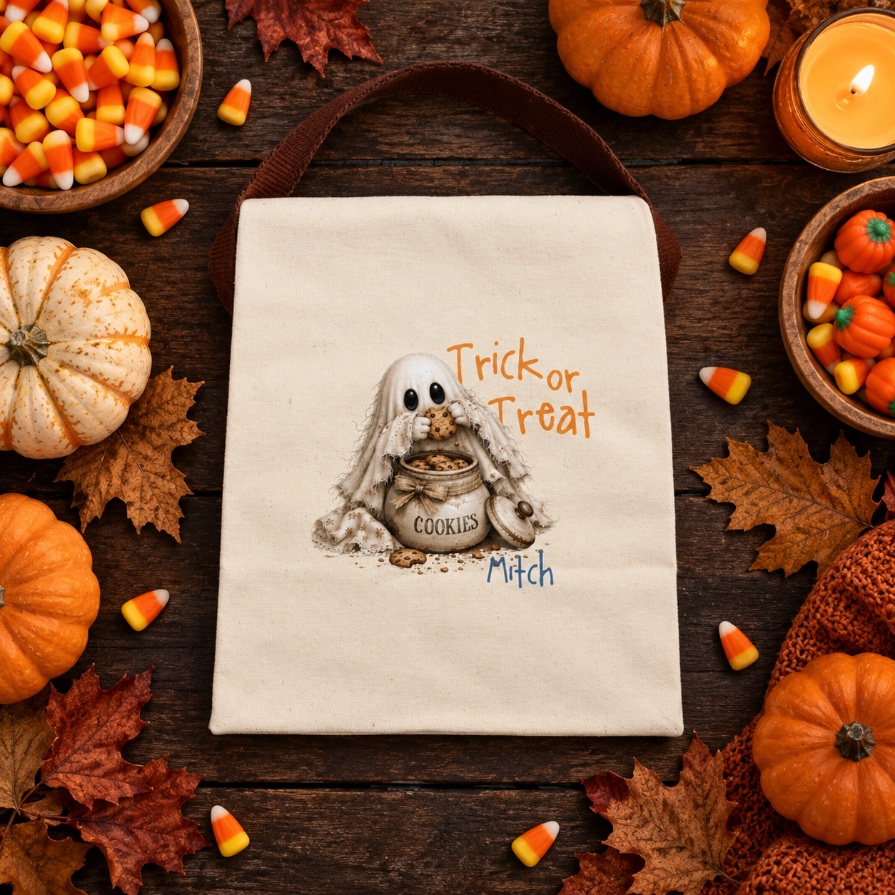 Back view of the trick or treat ghost cookie jar canvas lunch bag showing the brown strap handle