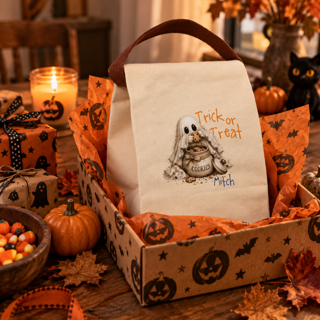 Trick or treat ghost cookie jar canvas lunch bag shown as a Halloween gift, personalized with custom name