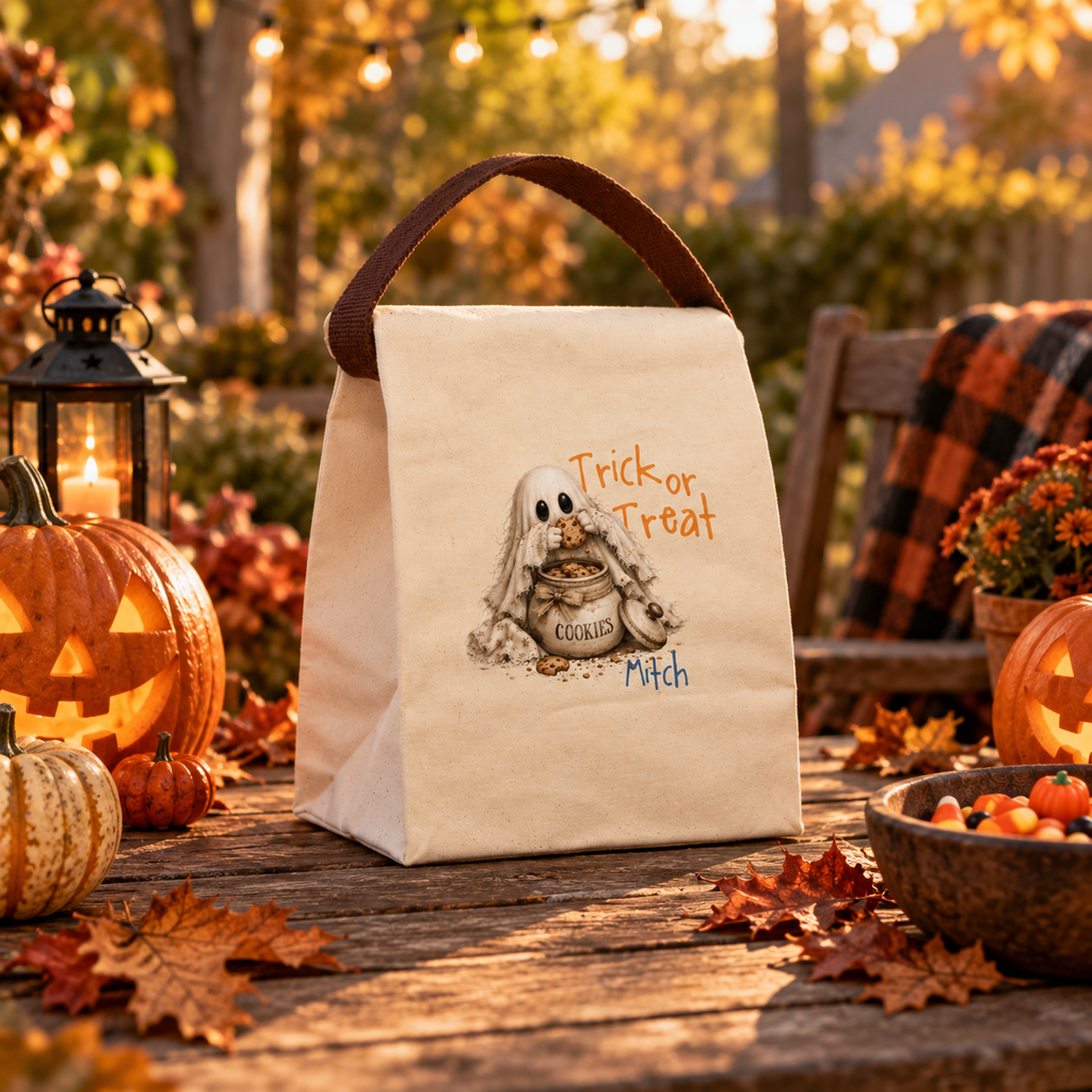 Open view of the trick or treat ghost cookie jar canvas lunch bag showing the roomy roll-top interior