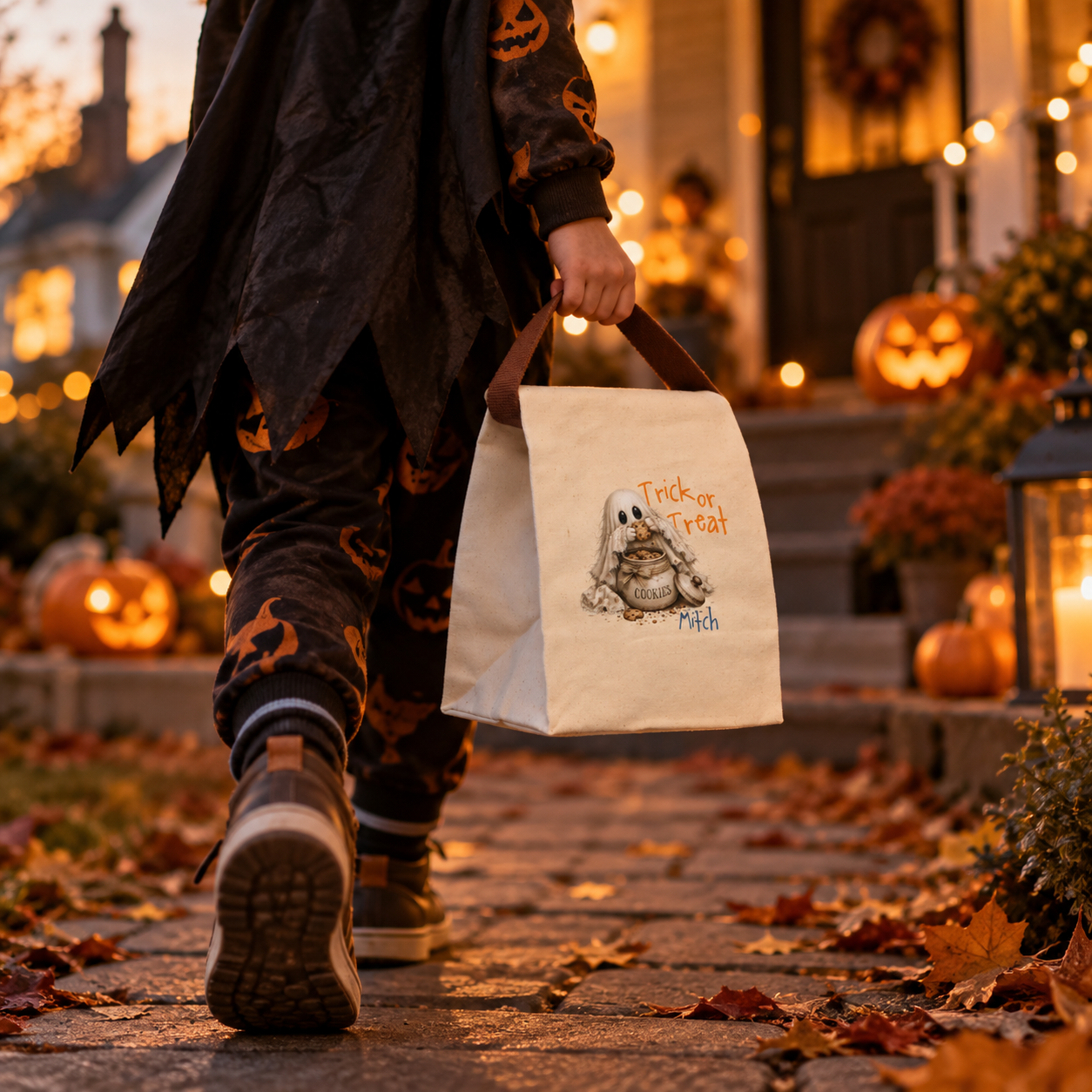 Trick or treat ghost cookie jar canvas lunch bag styled for a fall lunch, personalized with custom name