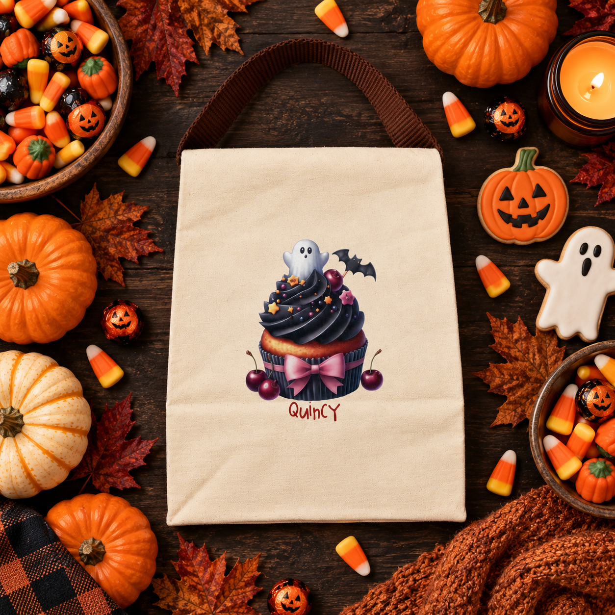 Back view of the Halloween ghost cupcake canvas lunch bag showing the brown strap handle