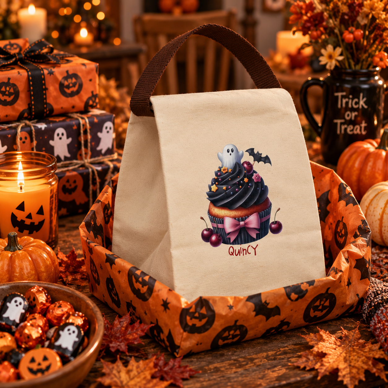 Halloween ghost cupcake canvas lunch bag shown as a Halloween gift, personalized with custom name
