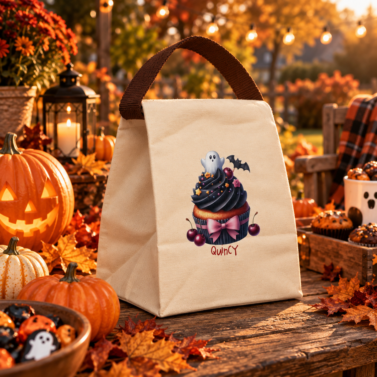 Open view of the Halloween ghost cupcake canvas lunch bag showing the roomy roll-top interior