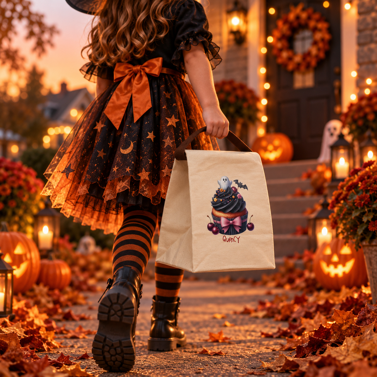 Halloween ghost cupcake canvas lunch bag styled for a fall lunch, personalized with custom name