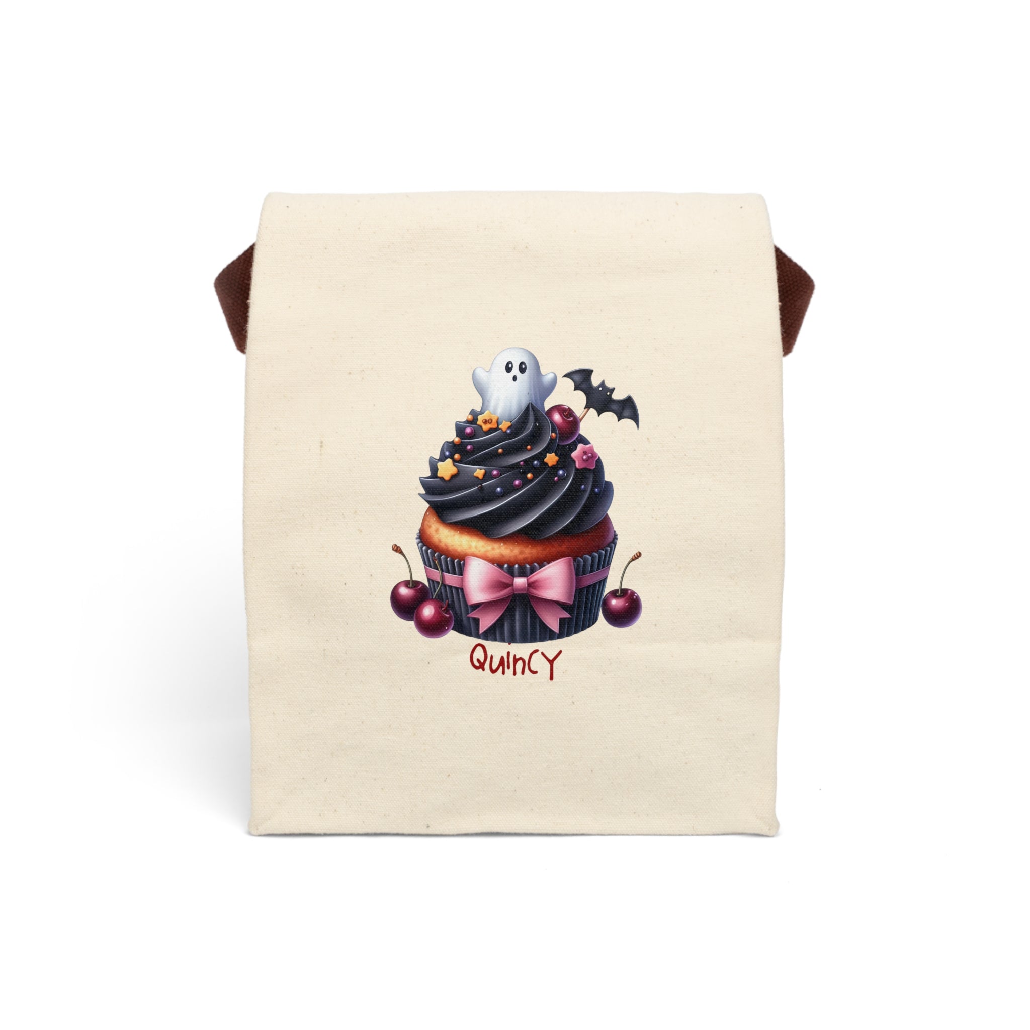 Personalized Halloween ghost cupcake canvas lunch bag with custom name