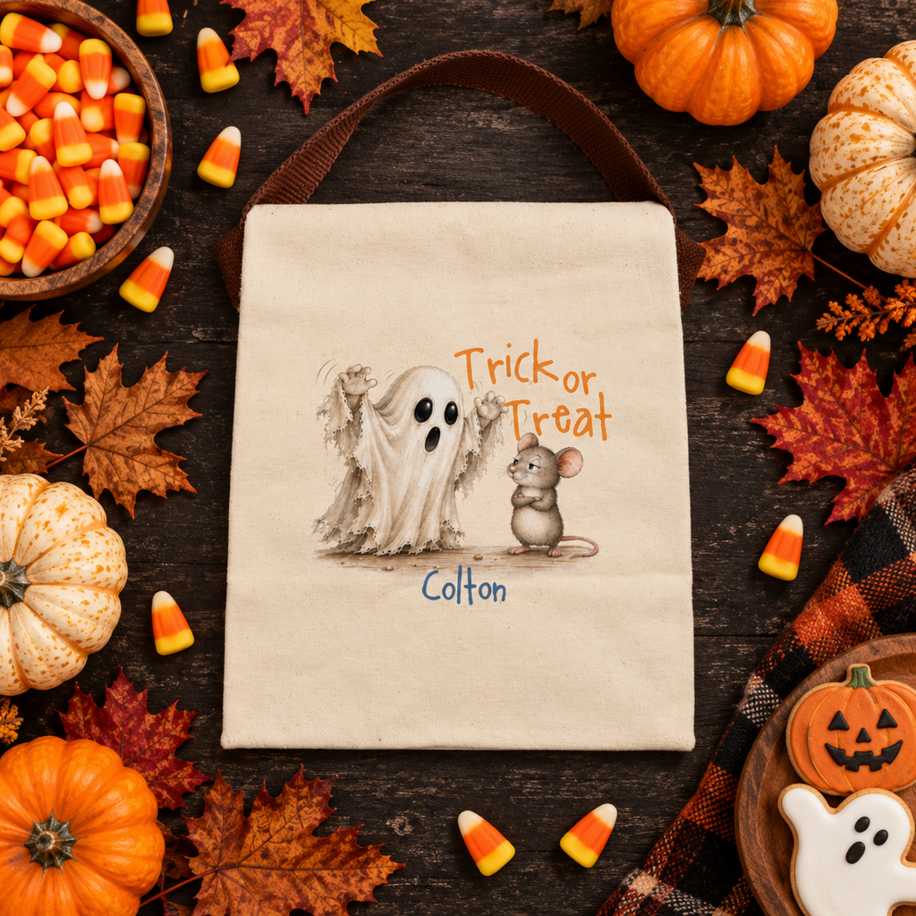 Back view of the trick or treat ghost and mouse canvas lunch bag showing the brown strap handle