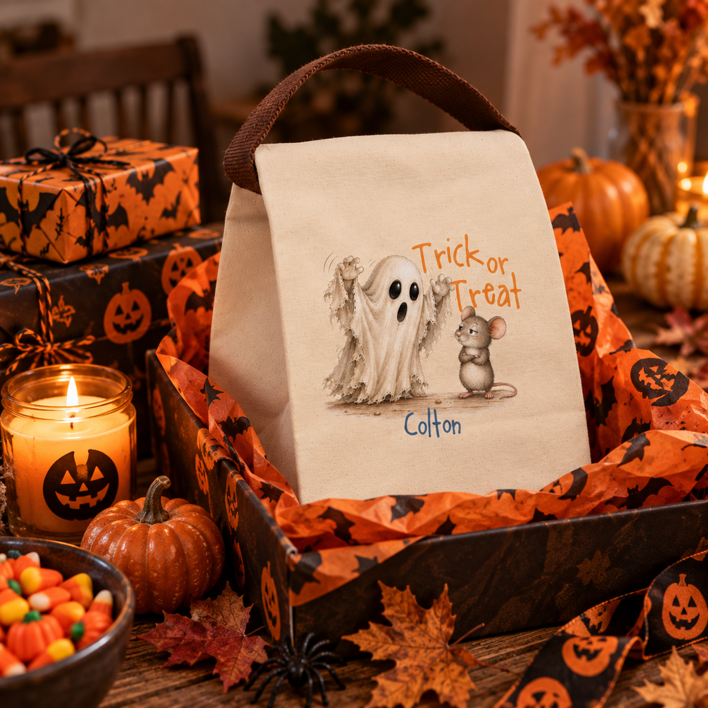 Trick or treat ghost and mouse canvas lunch bag shown as a Halloween gift, personalized with custom name