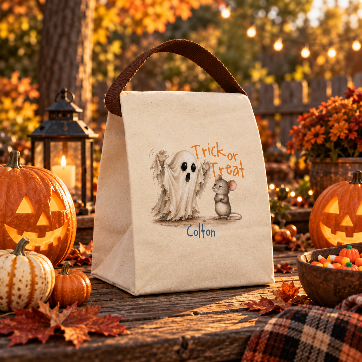 Open view of the trick or treat ghost and mouse canvas lunch bag showing the roomy roll-top interior