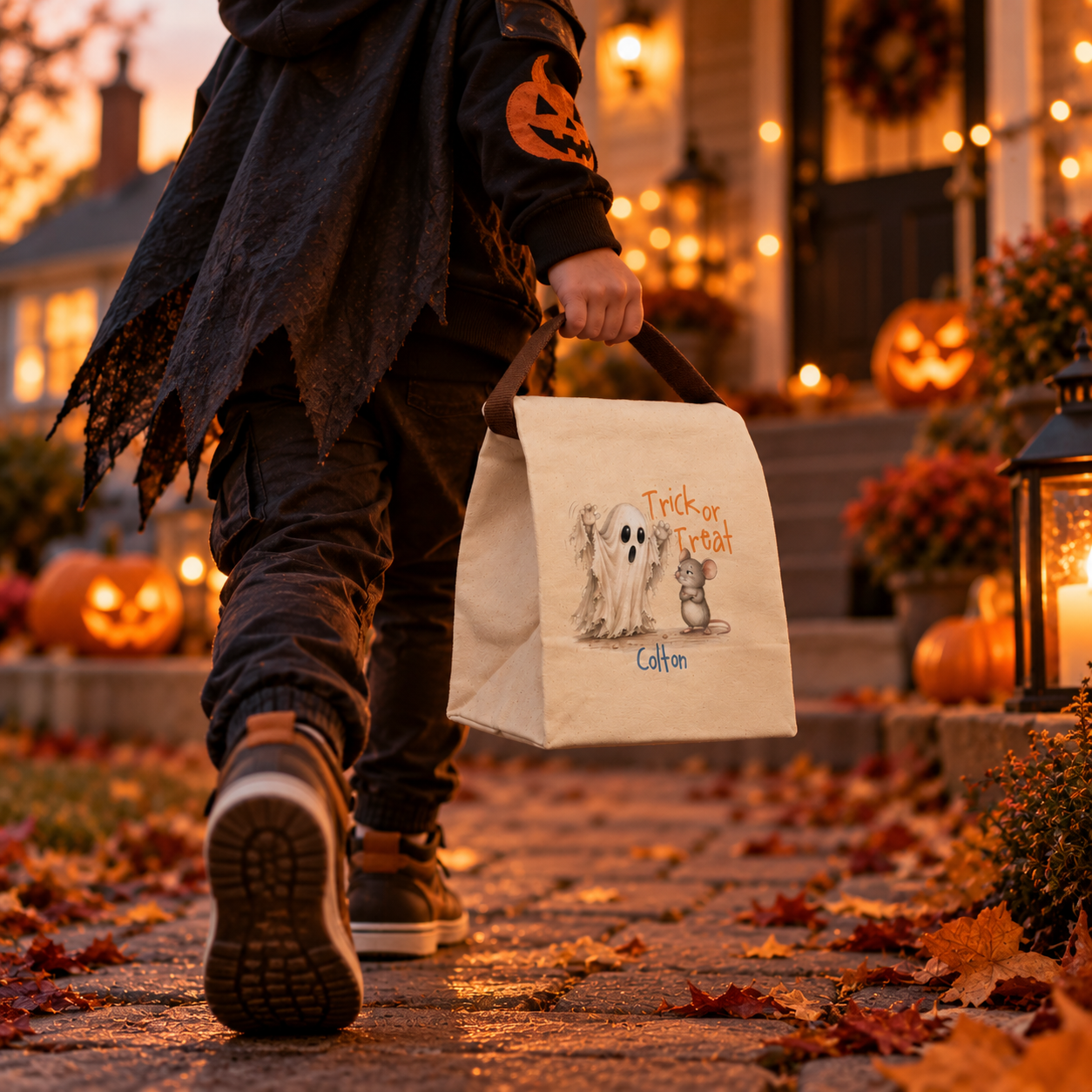 Trick or treat ghost and mouse canvas lunch bag styled for a fall lunch, personalized with custom name