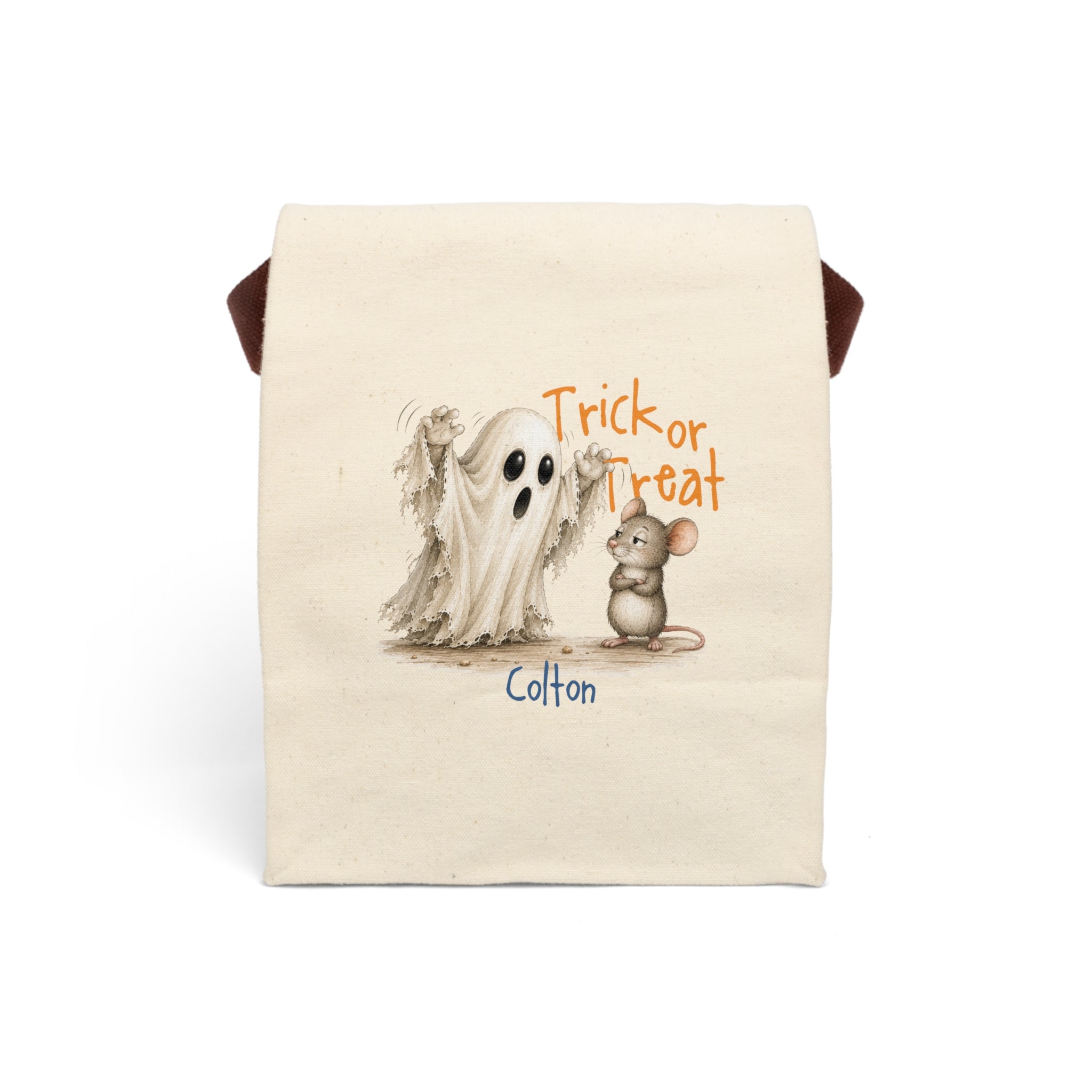 Personalized Trick or Treat ghost and mouse canvas lunch bag with custom name