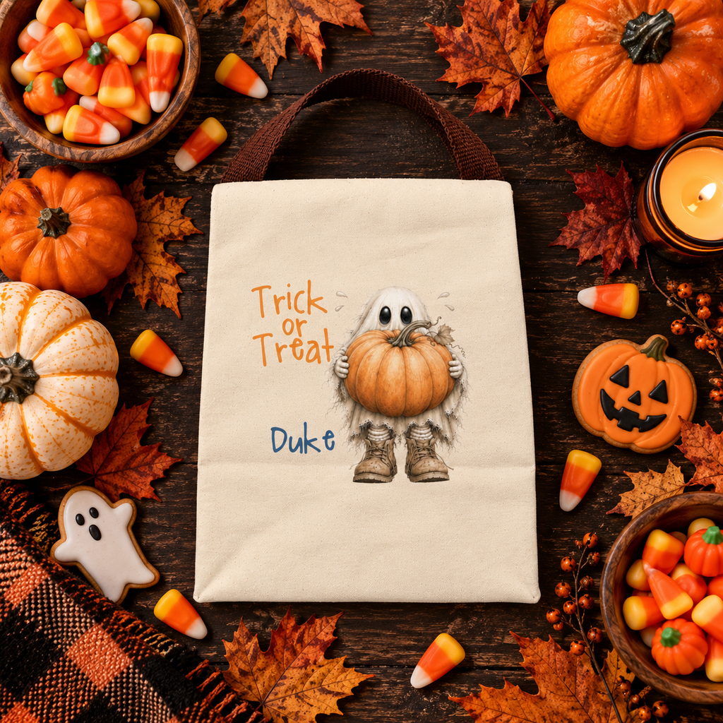 Back view of the trick or treat ghost pumpkin canvas lunch bag showing the brown strap handle