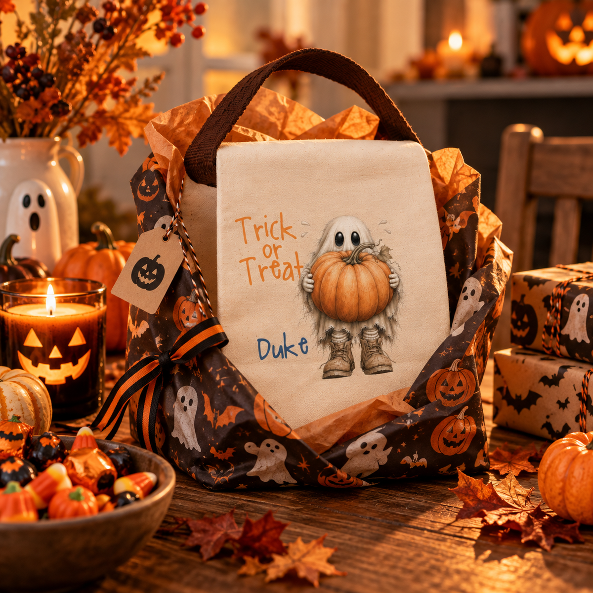 Trick or treat ghost pumpkin canvas lunch bag shown as a Halloween gift, personalized with custom name