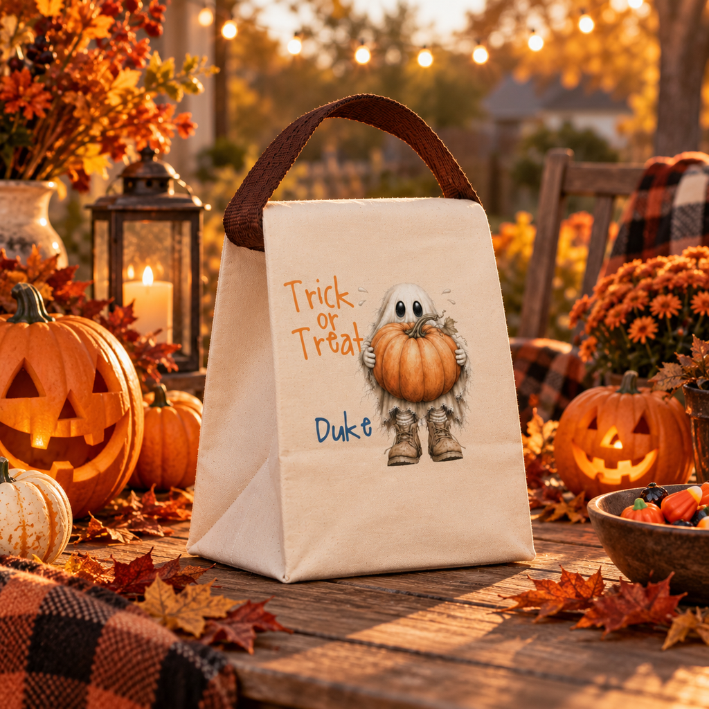 Open view of the trick or treat ghost pumpkin canvas lunch bag showing the roomy roll-top interior