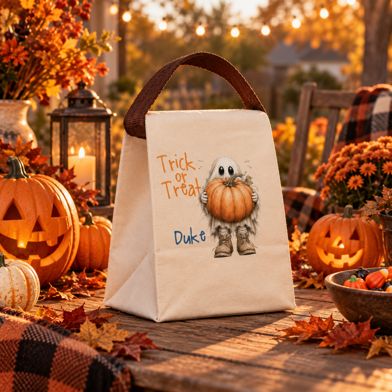 Open view of the trick or treat ghost pumpkin canvas lunch bag showing the roomy roll-top interior
