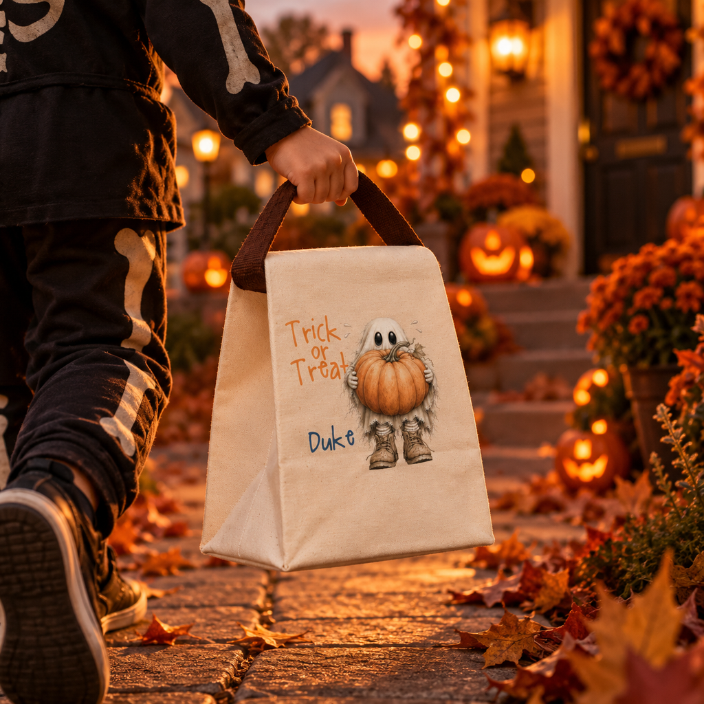 Trick or treat ghost pumpkin canvas lunch bag styled for a fall lunch, personalized with custom name
