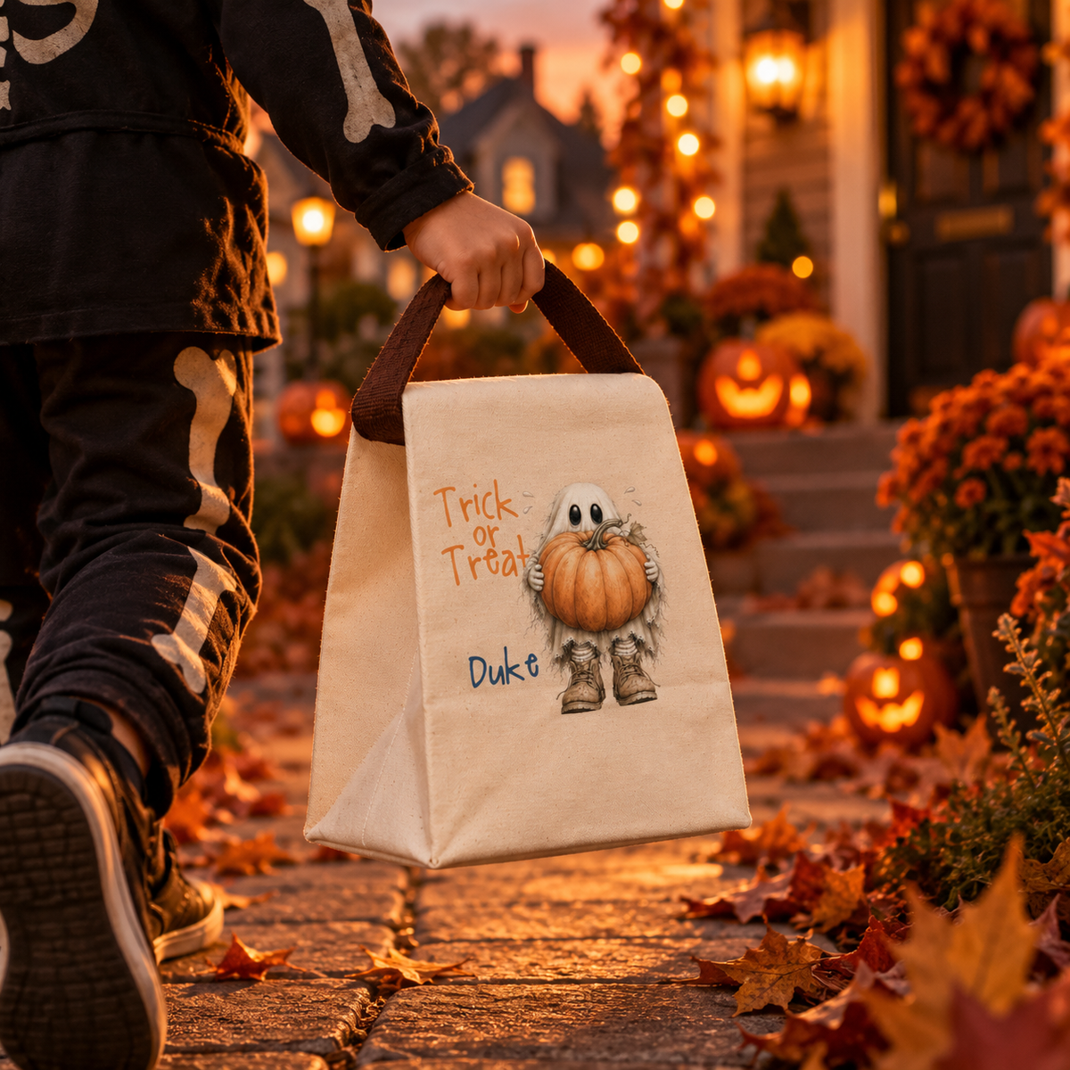 Trick or treat ghost pumpkin canvas lunch bag styled for a fall lunch, personalized with custom name