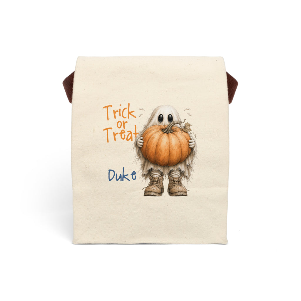 Personalized Trick or Treat ghost holding pumpkin canvas lunch bag with custom name