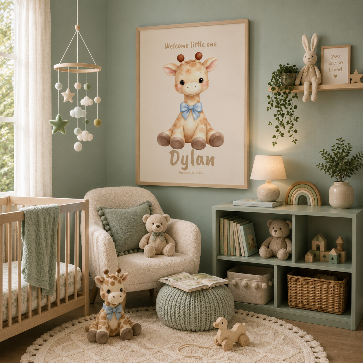 Close-up of giraffe bow poster showing personalized name and birth date
