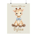 Personalized giraffe with blue bow nursery poster, custom baby name and birth date
