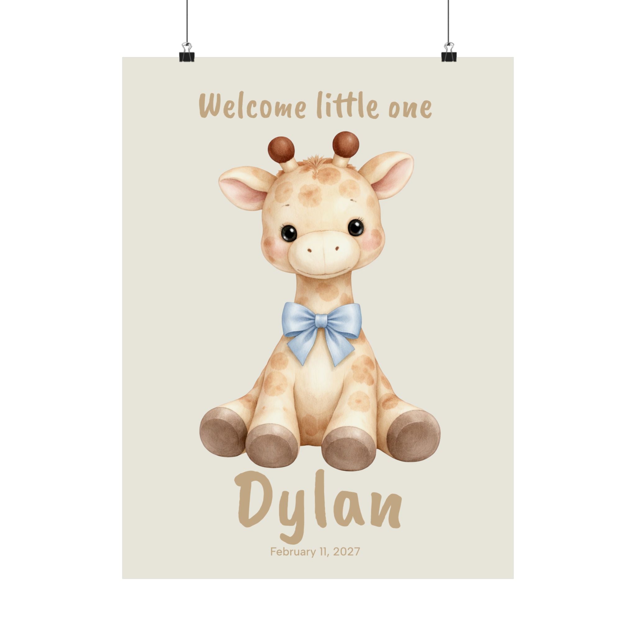 Personalized giraffe with blue bow nursery poster, custom baby name and birth date