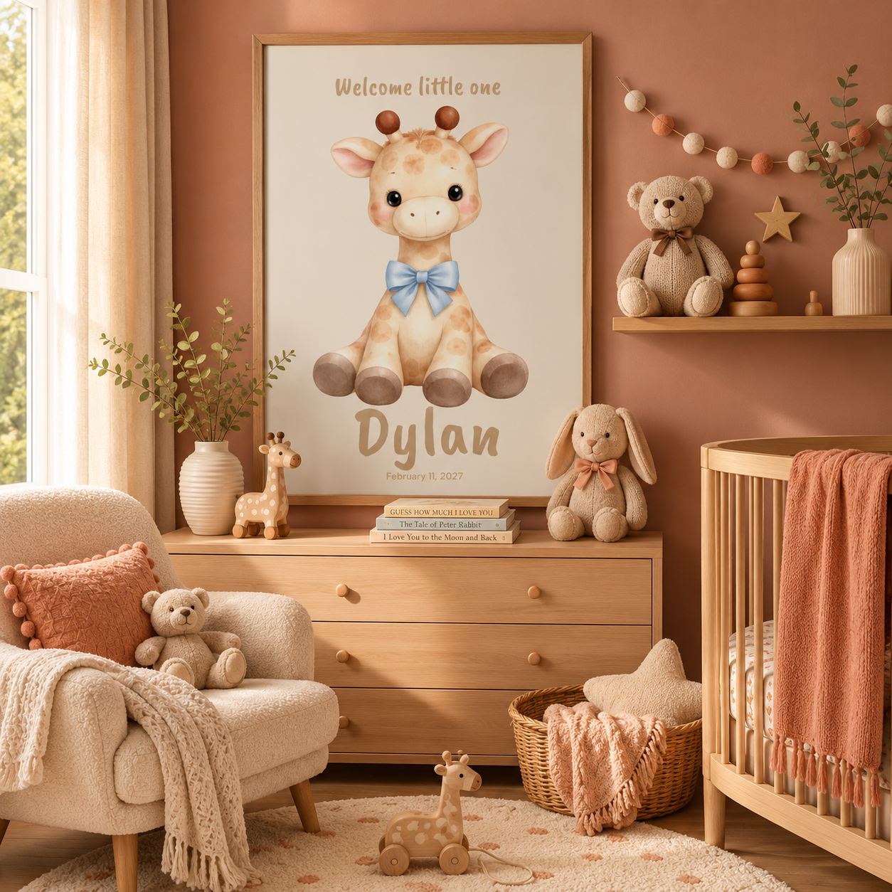 Round giraffe with bow baby name poster displayed in nursery room