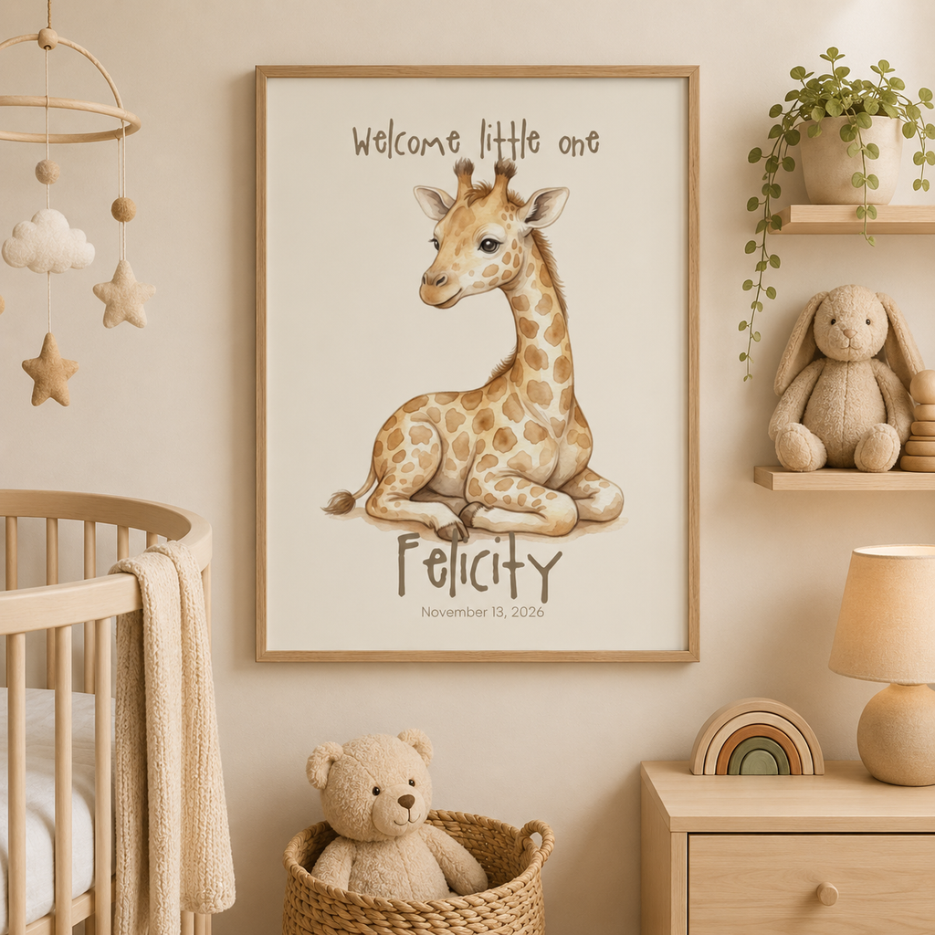 Close-up of giraffe calf nursery poster showing personalized name and birth date