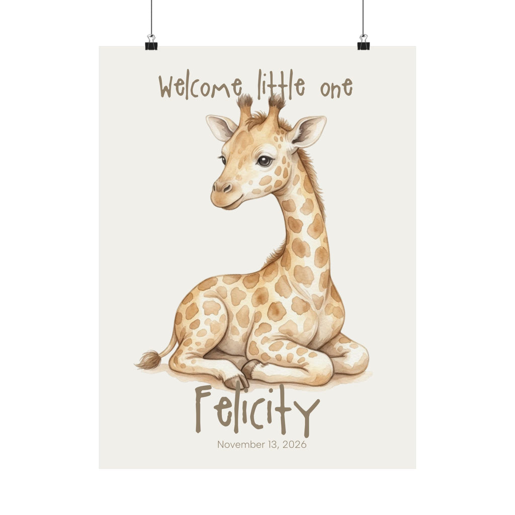 Personalized watercolor giraffe calf nursery poster with custom baby name and birth date