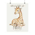 Personalized watercolor giraffe calf nursery poster with custom baby name and birth date