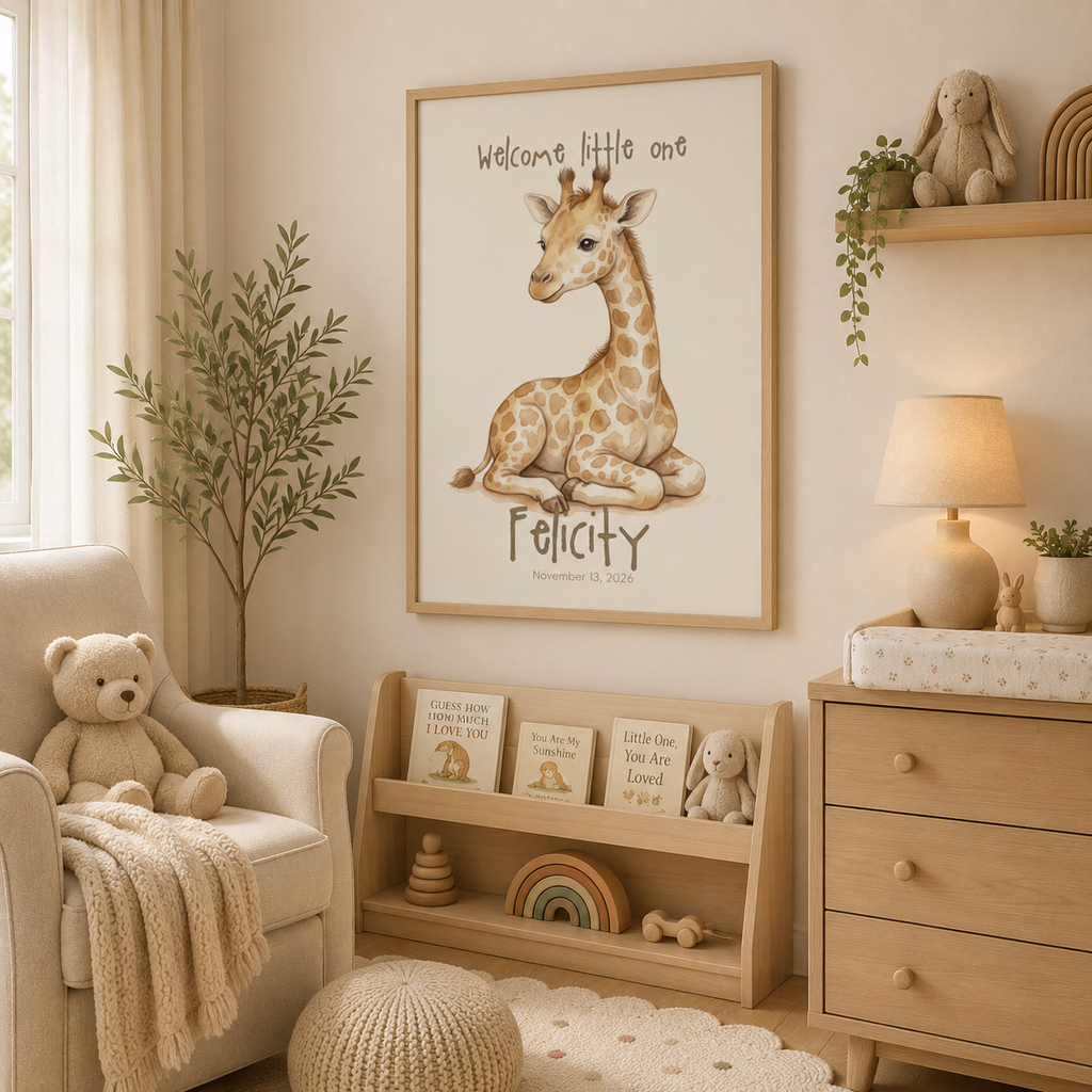 Sitting giraffe calf baby name poster displayed in nursery room