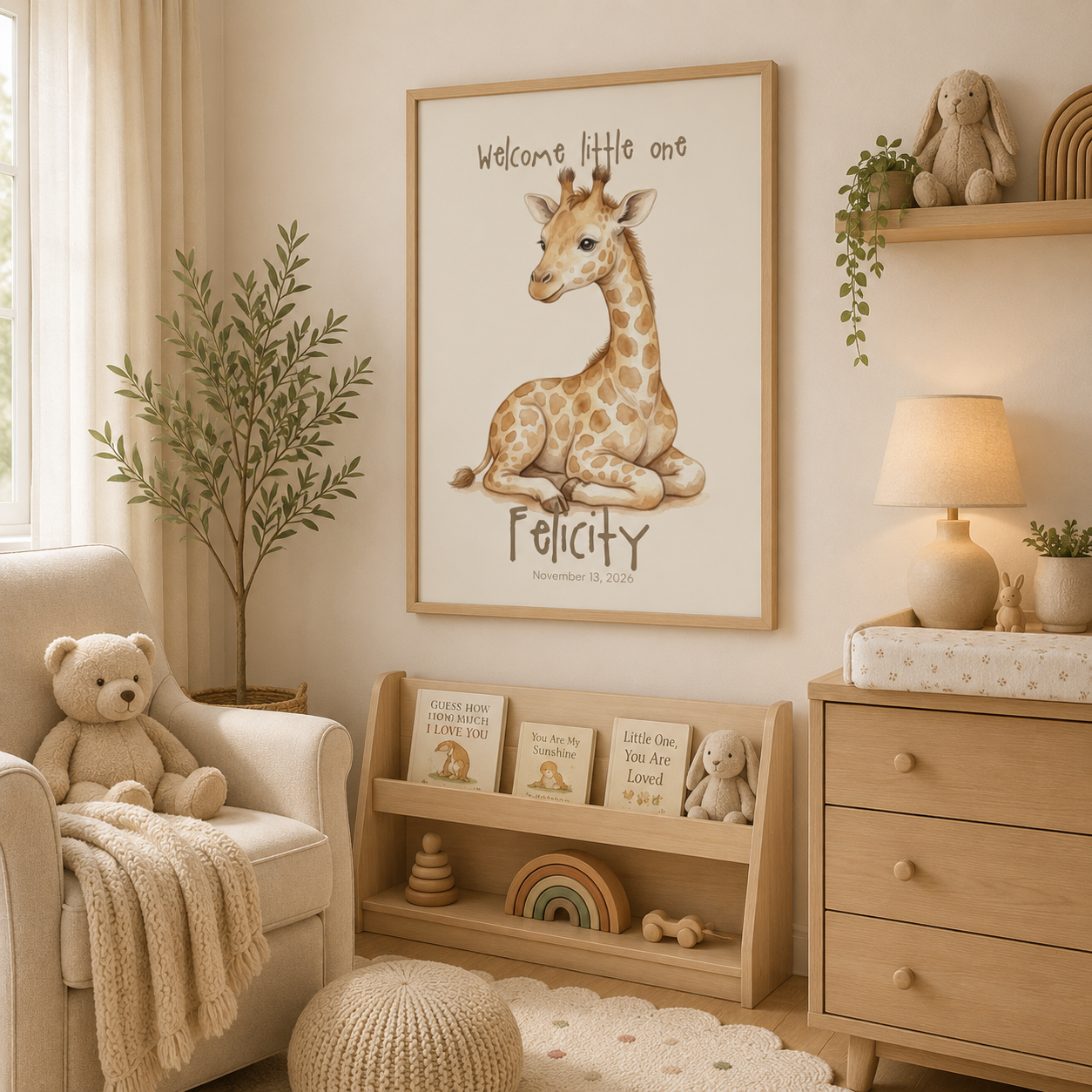 Sitting giraffe calf baby name poster displayed in nursery room