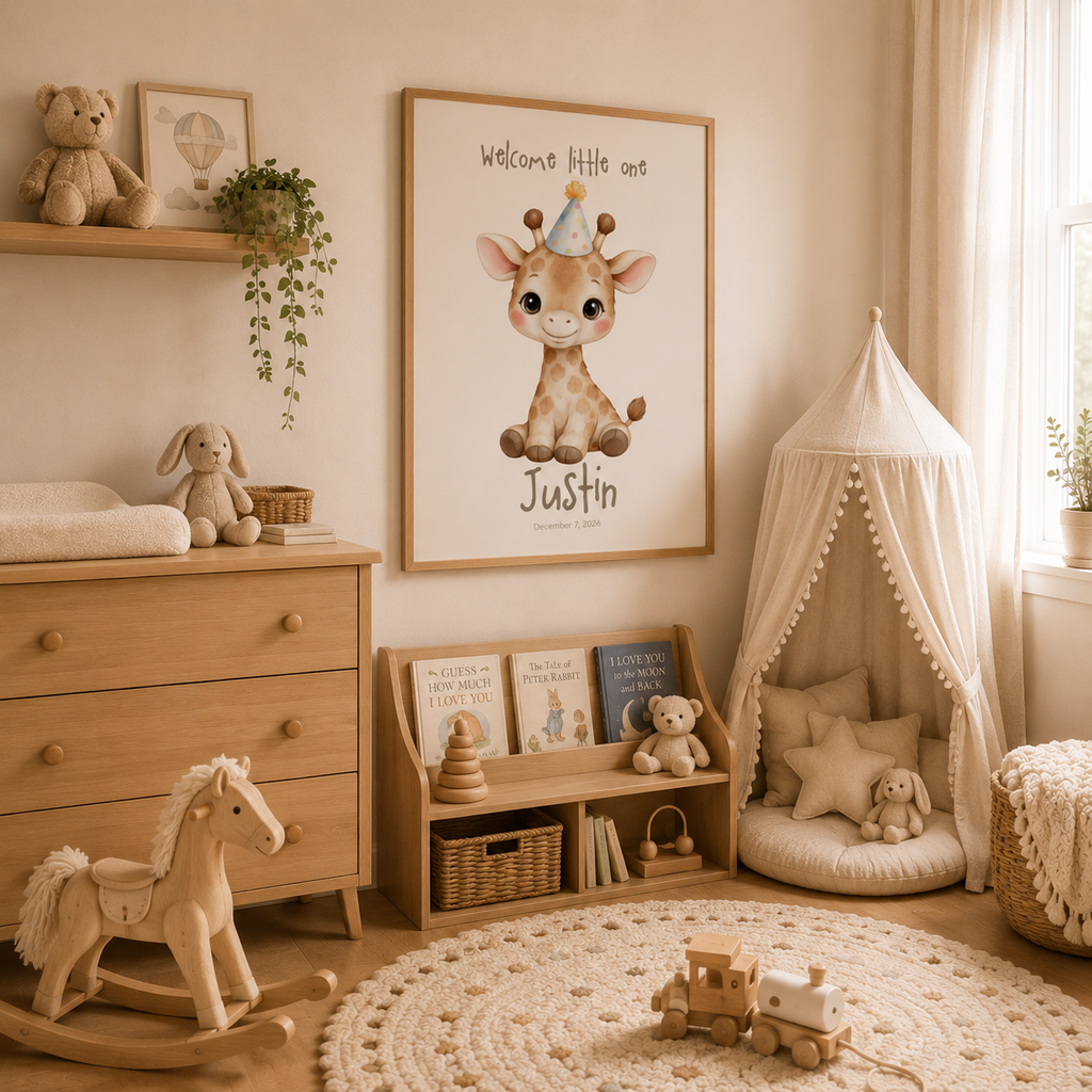 Close-up of giraffe nursery poster showing personalized name and birth date