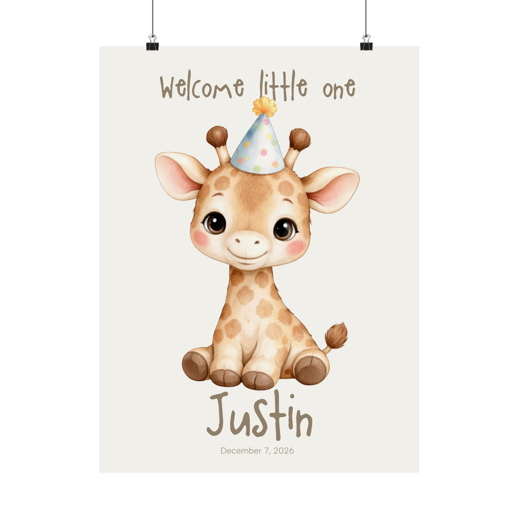 Personalized giraffe nursery poster with party hat, custom baby name and birth date
