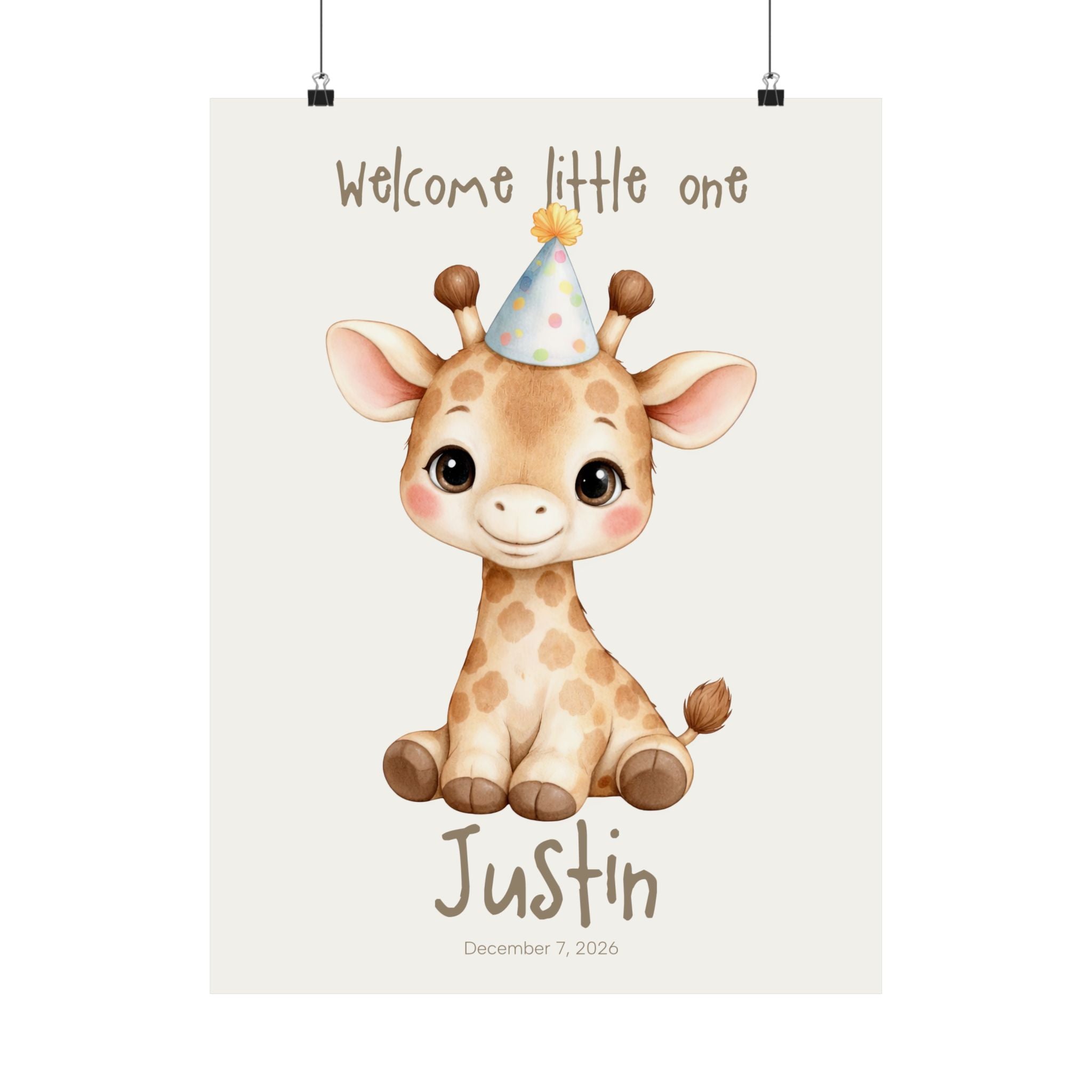 Personalized giraffe nursery poster with party hat, custom baby name and birth date