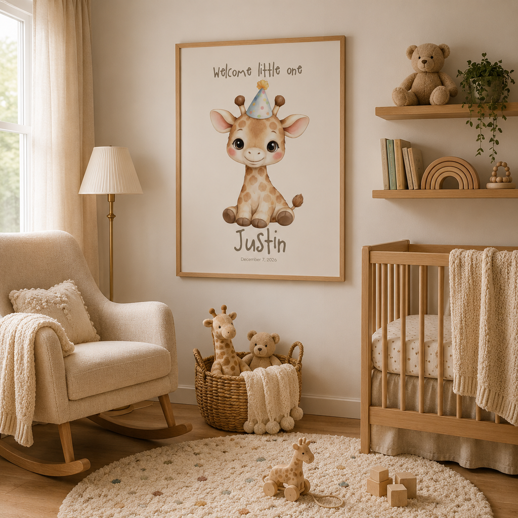 Cute giraffe calf baby name poster displayed in nursery room setting