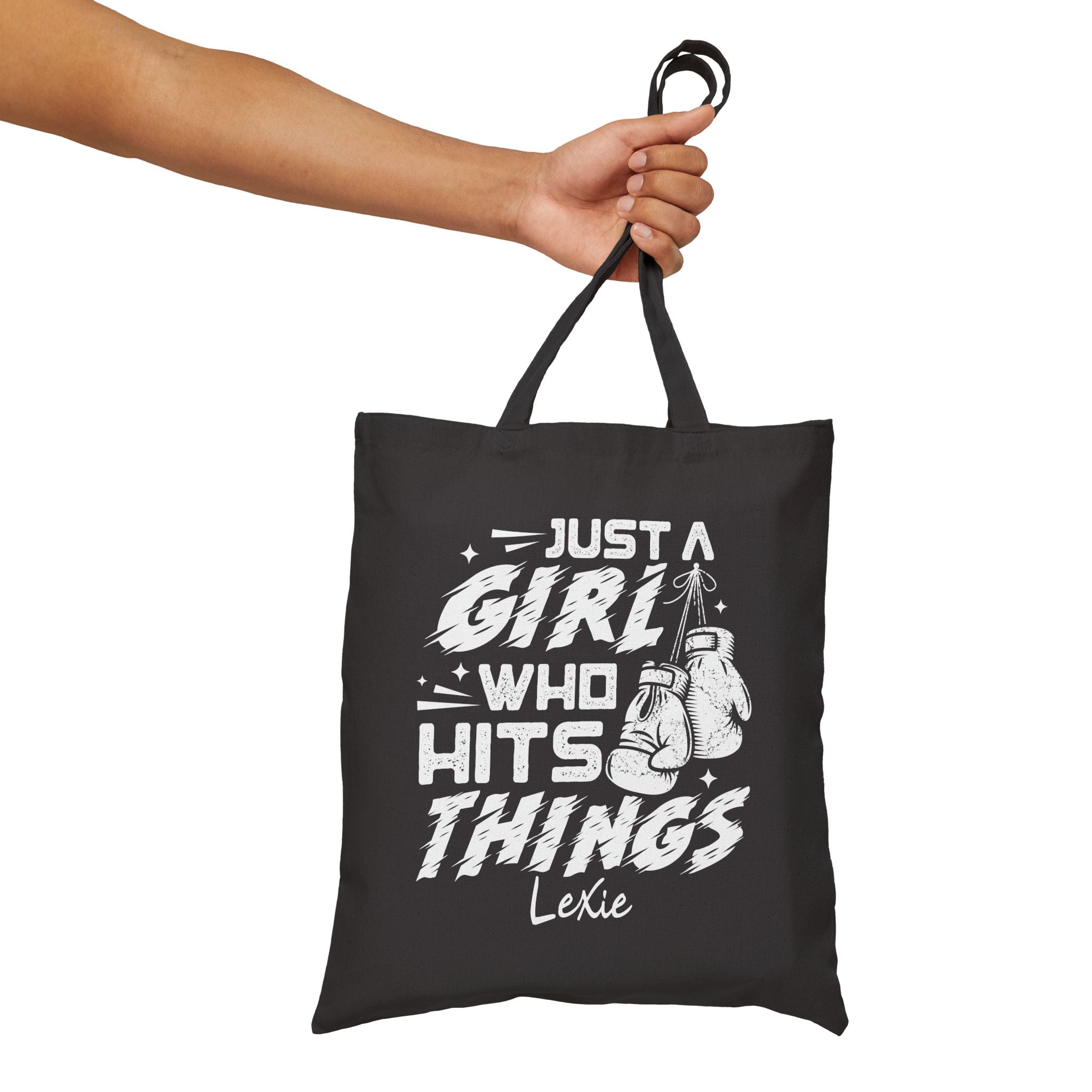 Personalized boxing canvas tote bag styled in a home setting
