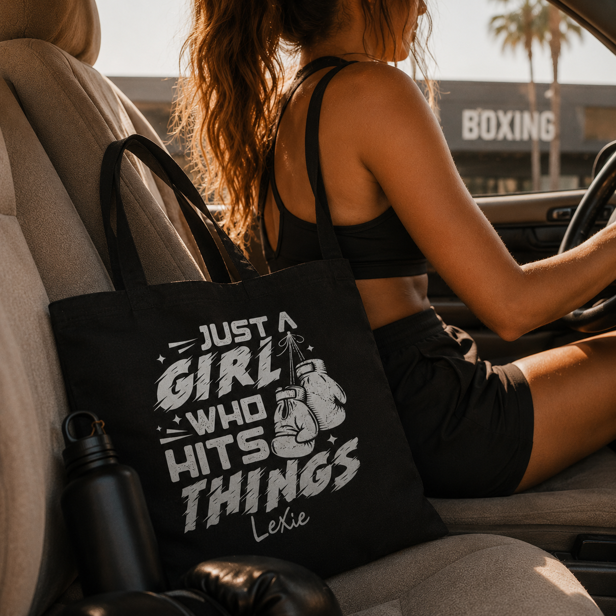 Personalized boxing tote bag shown worn on shoulder, lifestyle photo