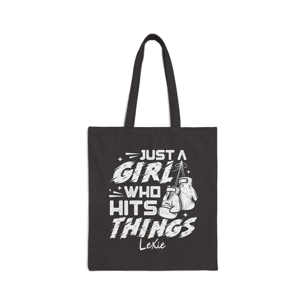 Personalized boxing canvas tote bag with custom name, girl who hits things design