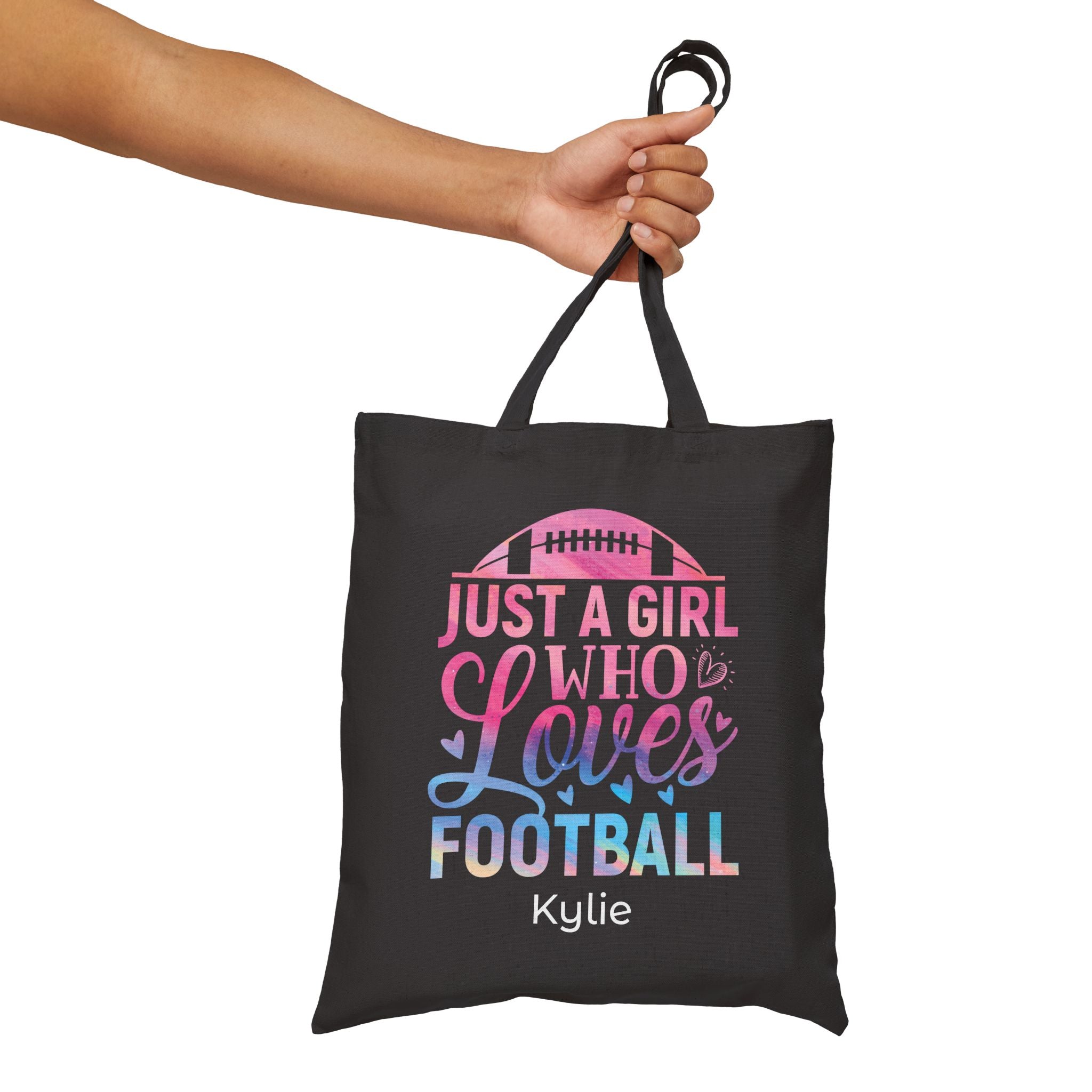 Personalized football canvas tote bag styled in a home setting