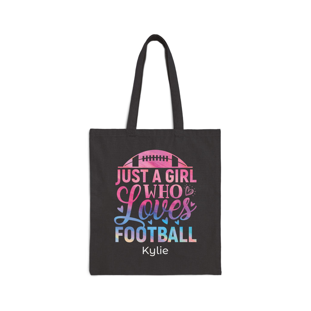 Personalized football canvas tote bag with custom name, girl who loves football design