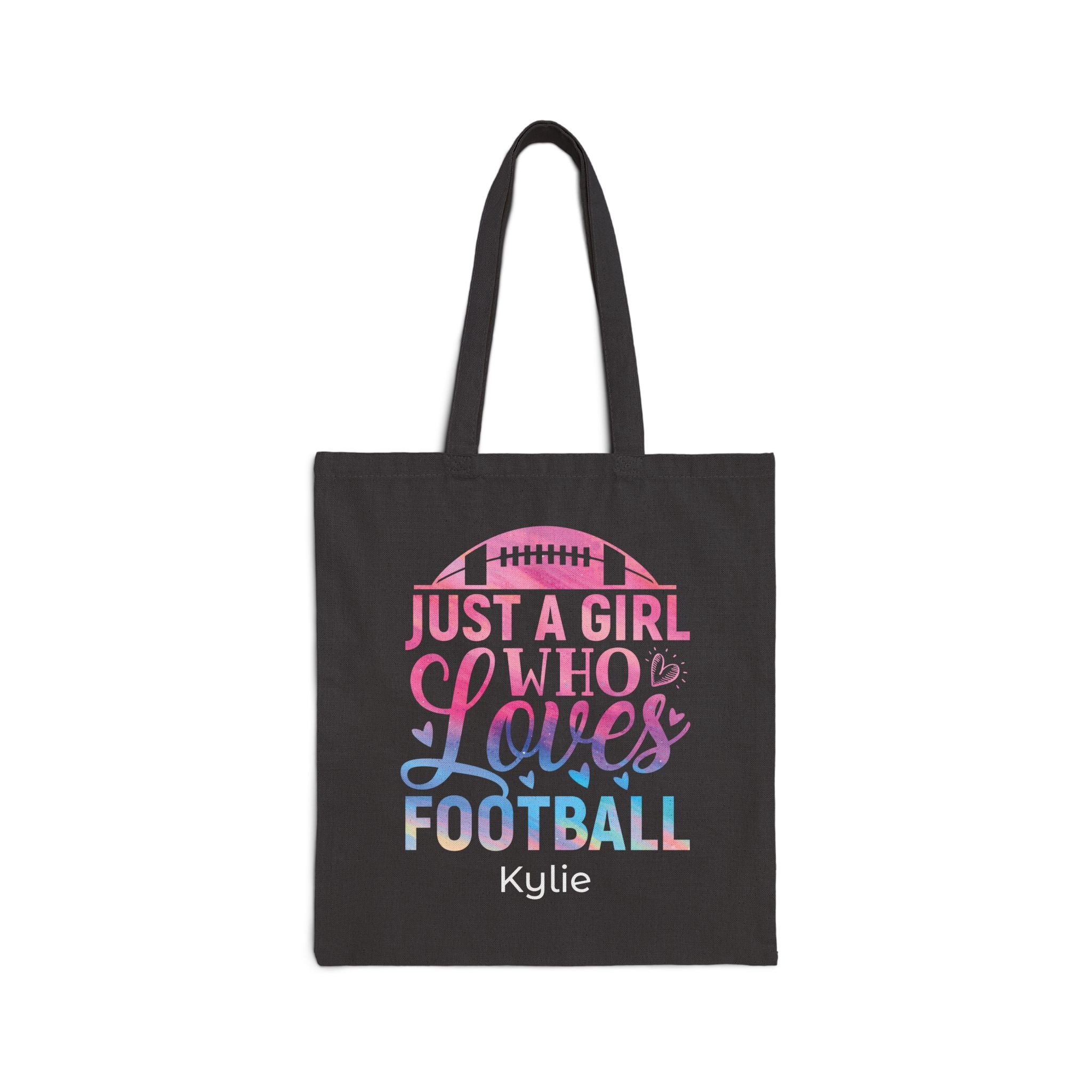 Personalized football canvas tote bag with custom name, girl who loves football design