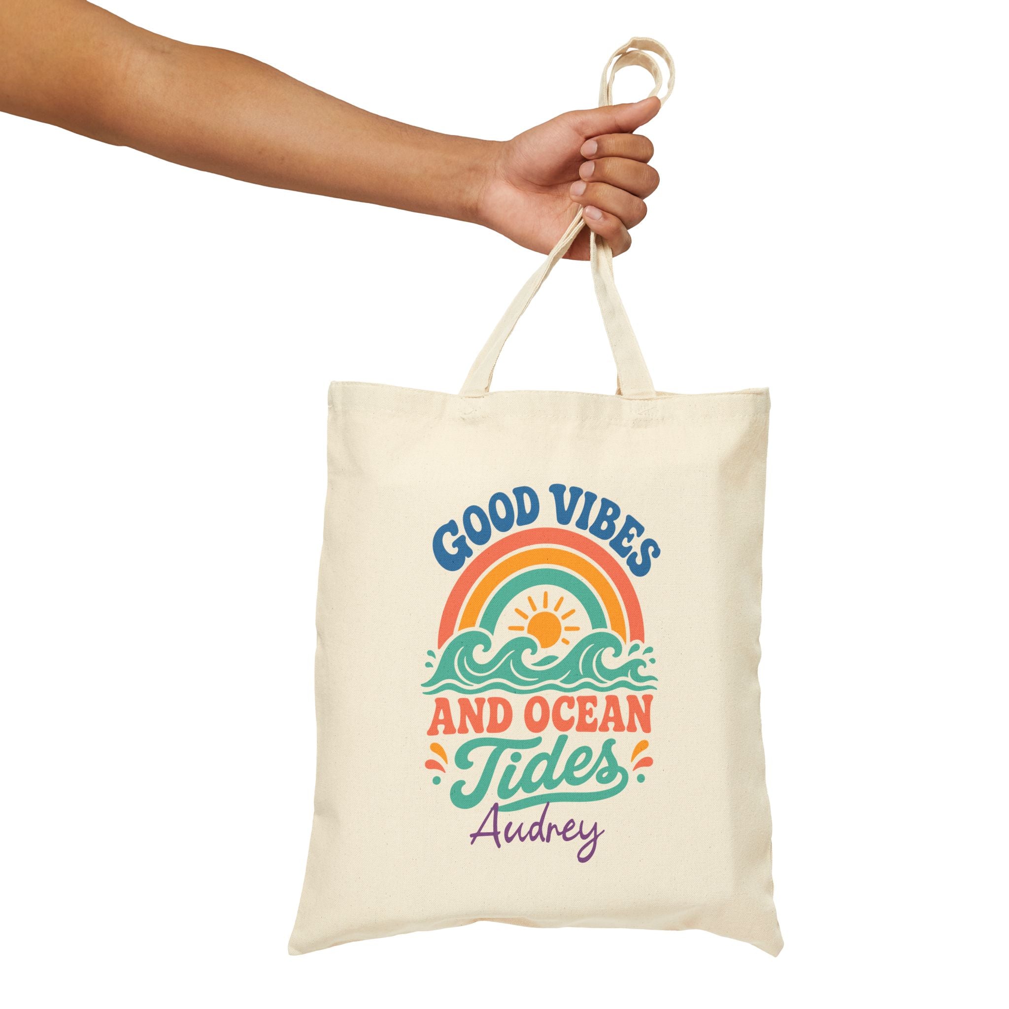 Personalized good vibes ocean tides canvas tote bag styled in a home setting
