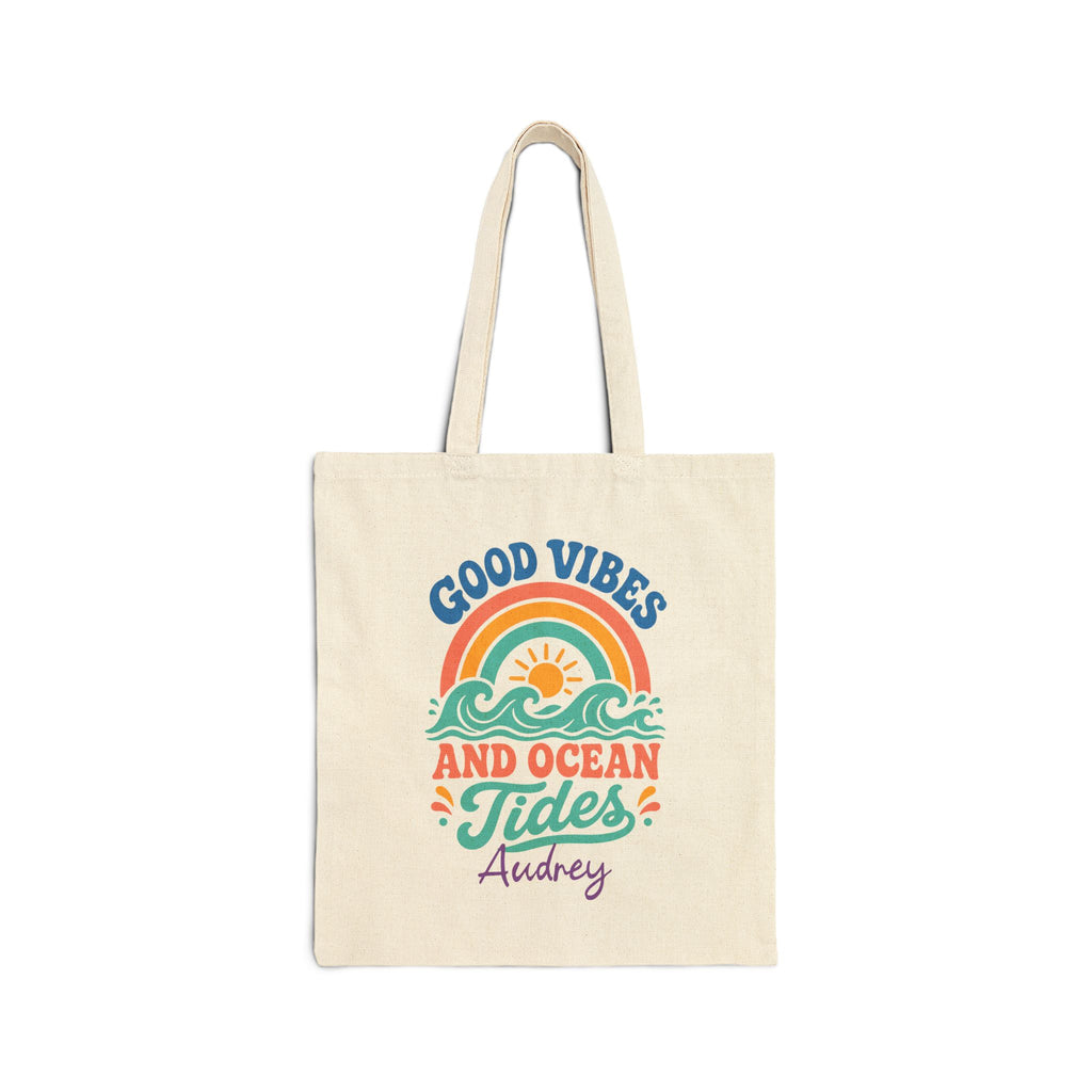 Personalized rainbow canvas tote bag with custom name, good vibes and ocean tides design