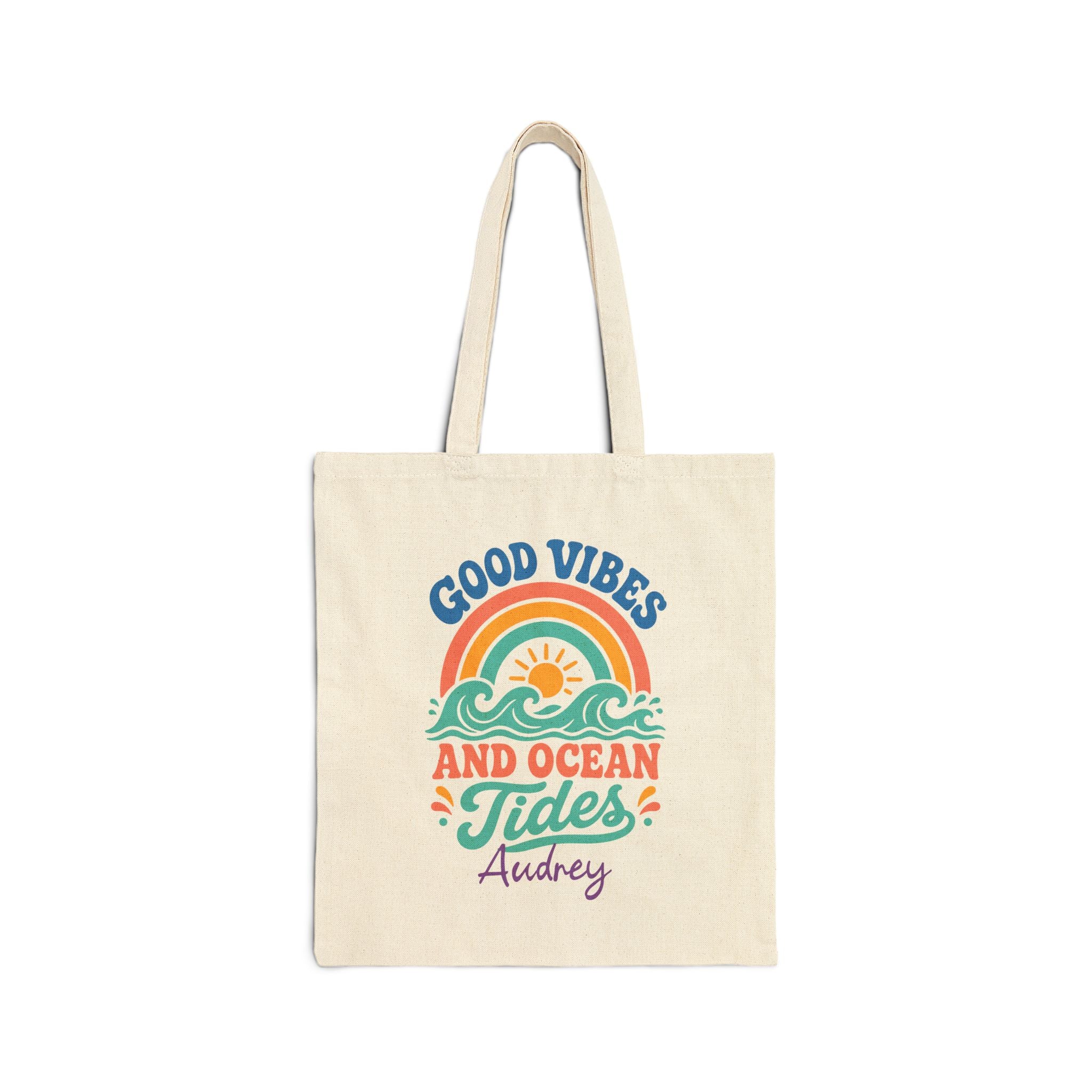 Personalized rainbow canvas tote bag with custom name, good vibes and ocean tides design