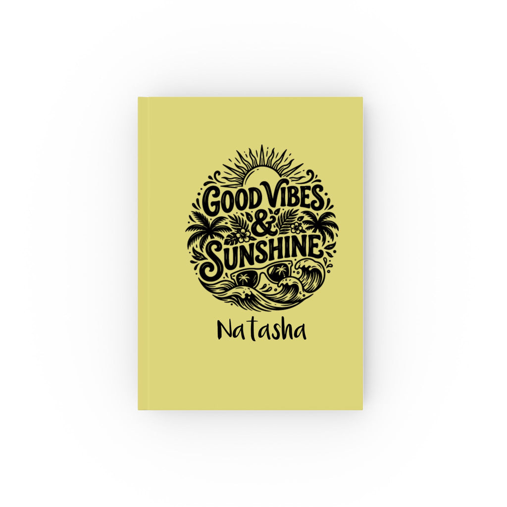 Personalized Good Vibes and Sunshine journal – yellow hardcover with tropical design and name Natasha