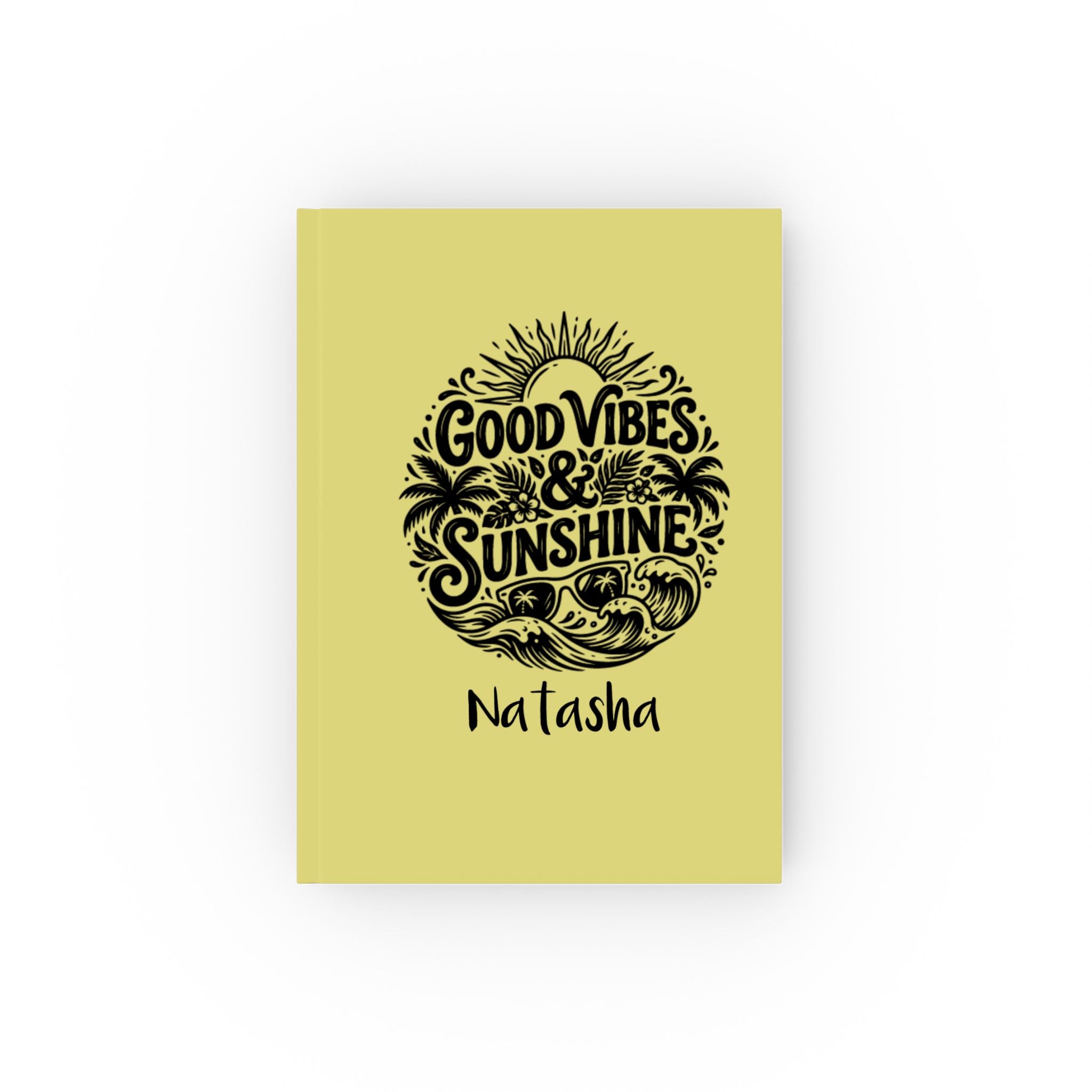 Personalized Good Vibes and Sunshine journal – yellow hardcover with tropical design and name Natasha