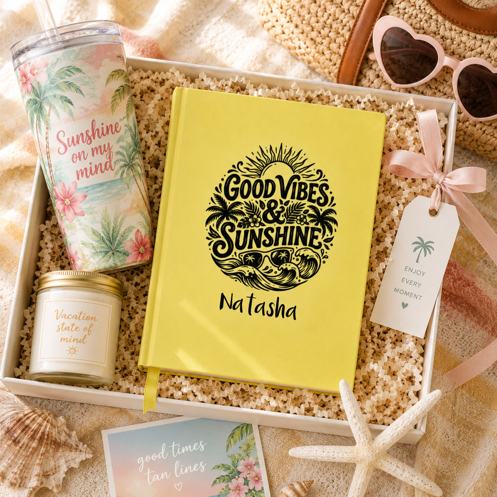 Personalized summer journal lifestyle – yellow Good Vibes notebook on bright desk