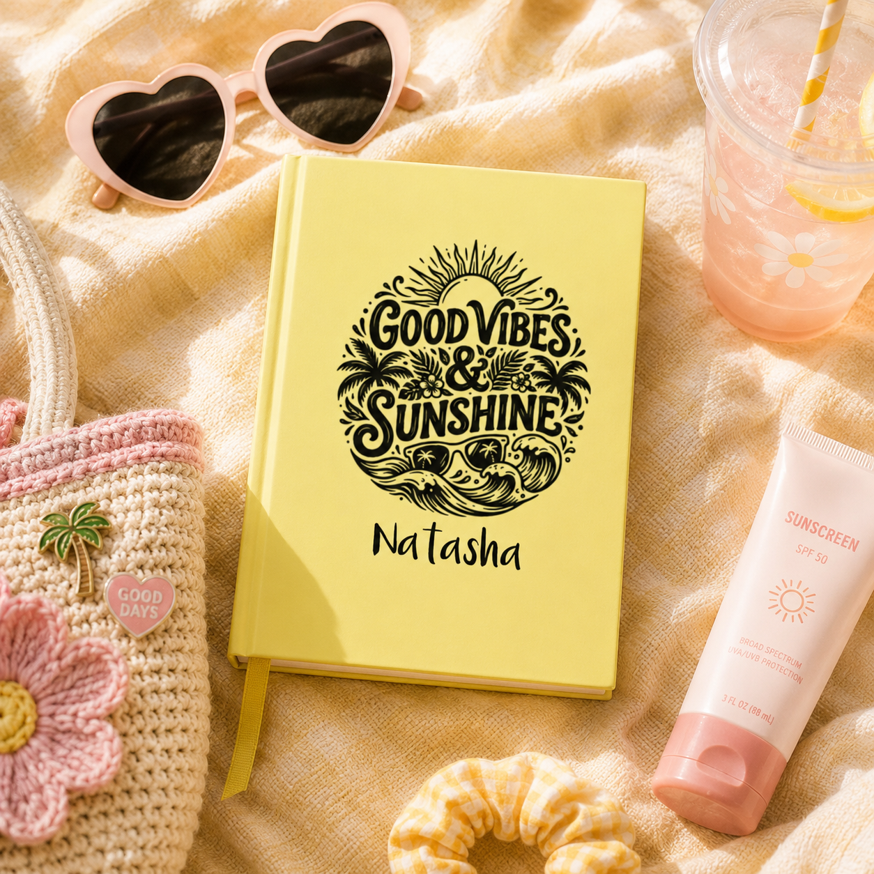 Good Vibes Sunshine journal open flat – casewrap binding on yellow hardcover notebook