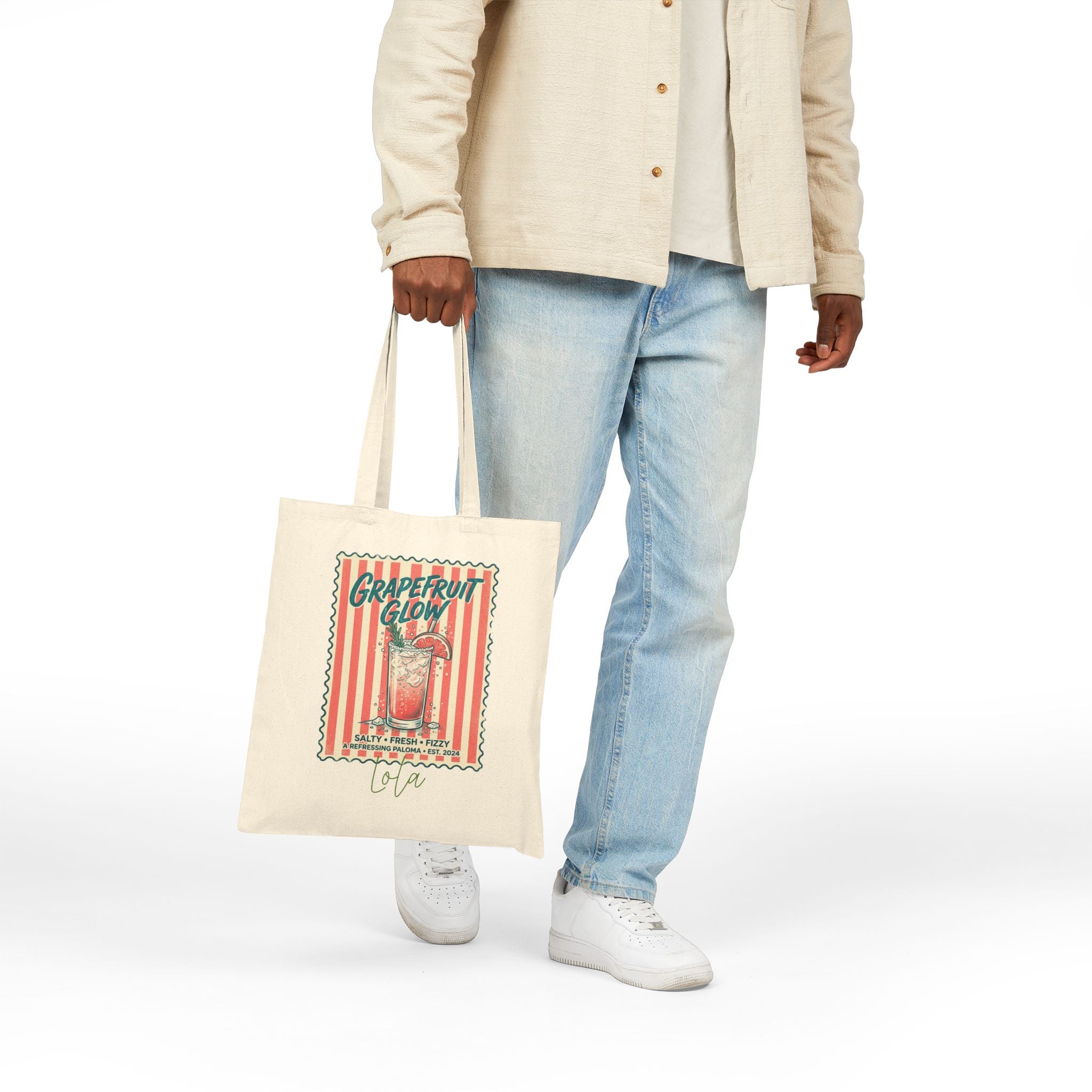 Close-up of paloma cocktail print and custom name on canvas tote bag