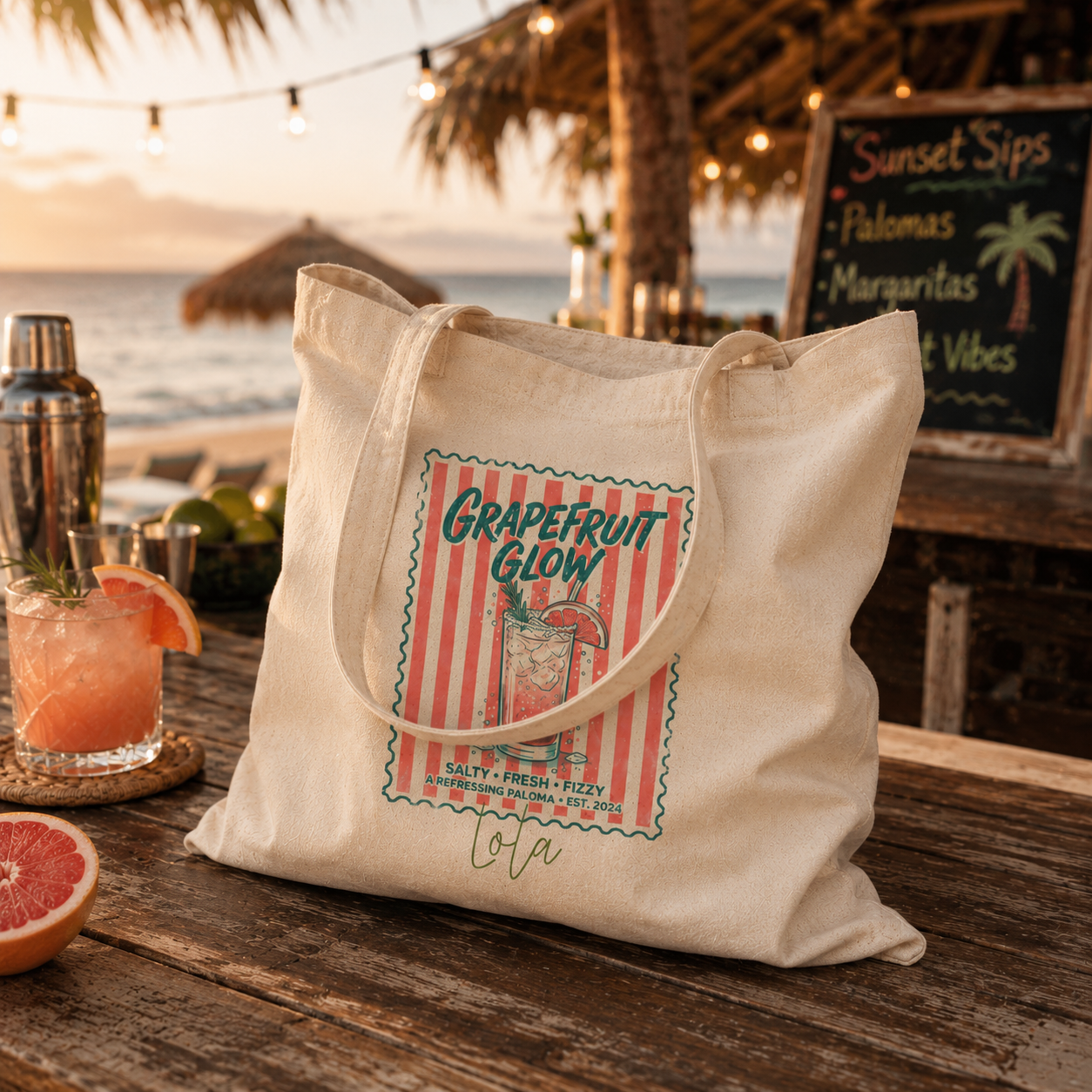 Personalized grapefruit cocktail tote bag shown worn on shoulder, lifestyle photo